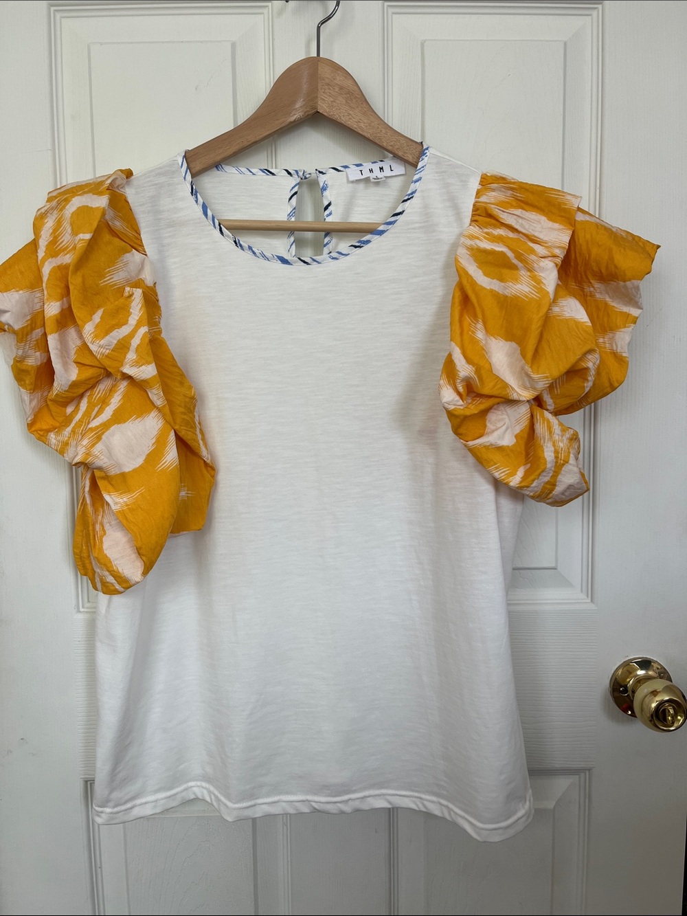 T H M L White S/L Top w/ Mustard Ikat Patterned Ruffle Silky Sleeves Cobalt Trim
